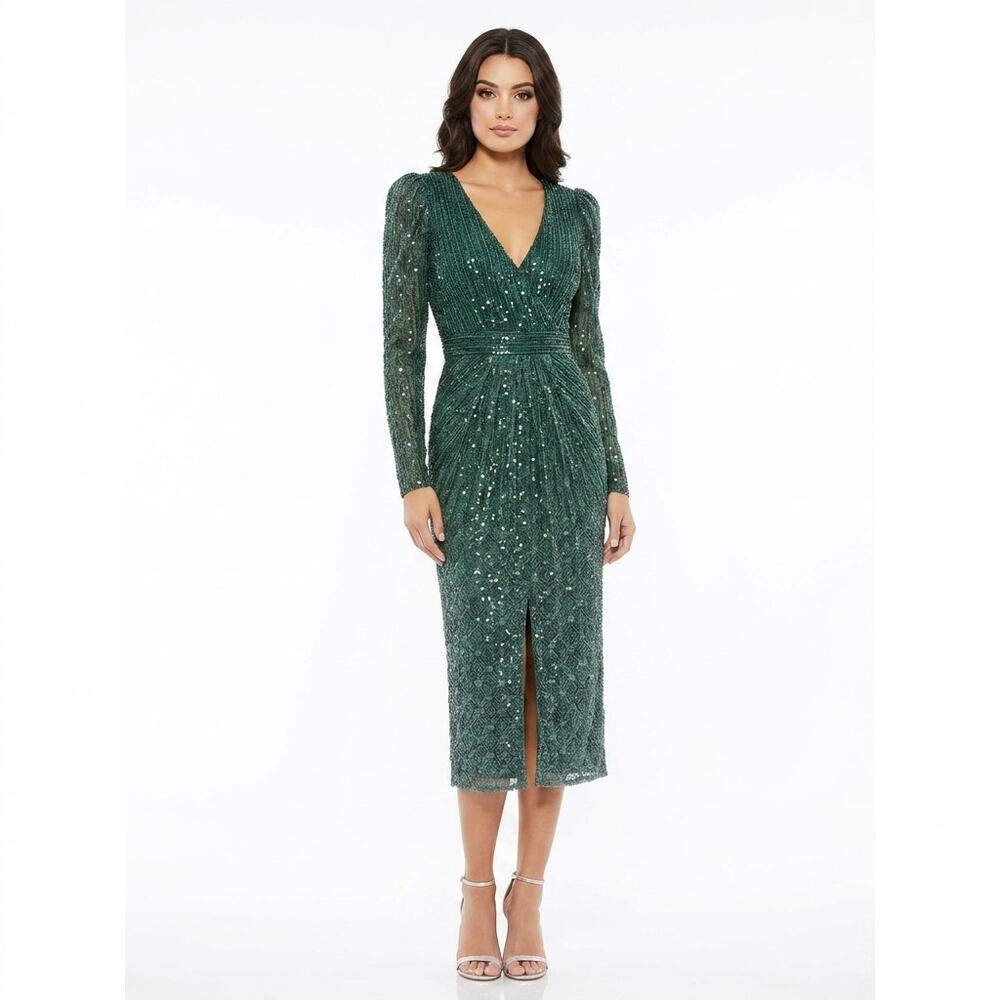 Mac Duggal 93676 Dark Green Sequin V-Neck Long Sleeve Midi Dress NWT Size 4